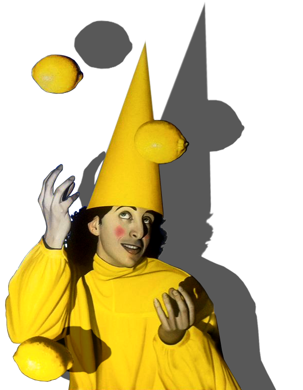 A rosey cheeked boy, dressed in a yellow gown and dunce hat juggling lemons